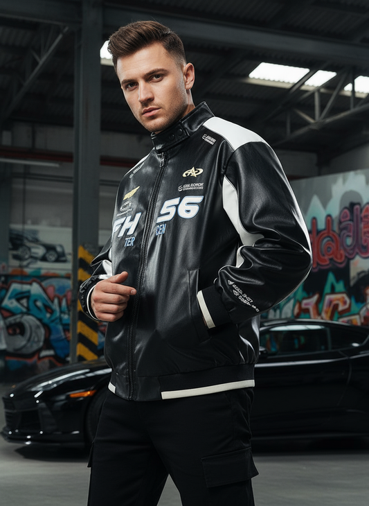 Male model wearing black racing jacket