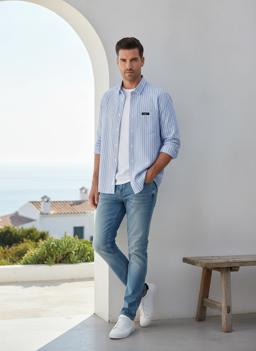 Male model wearing blue striped shirt