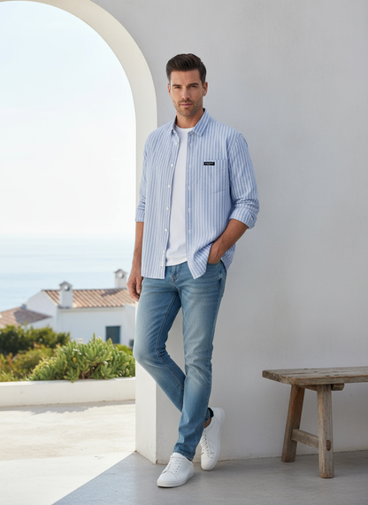 Male model wearing blue striped shirt