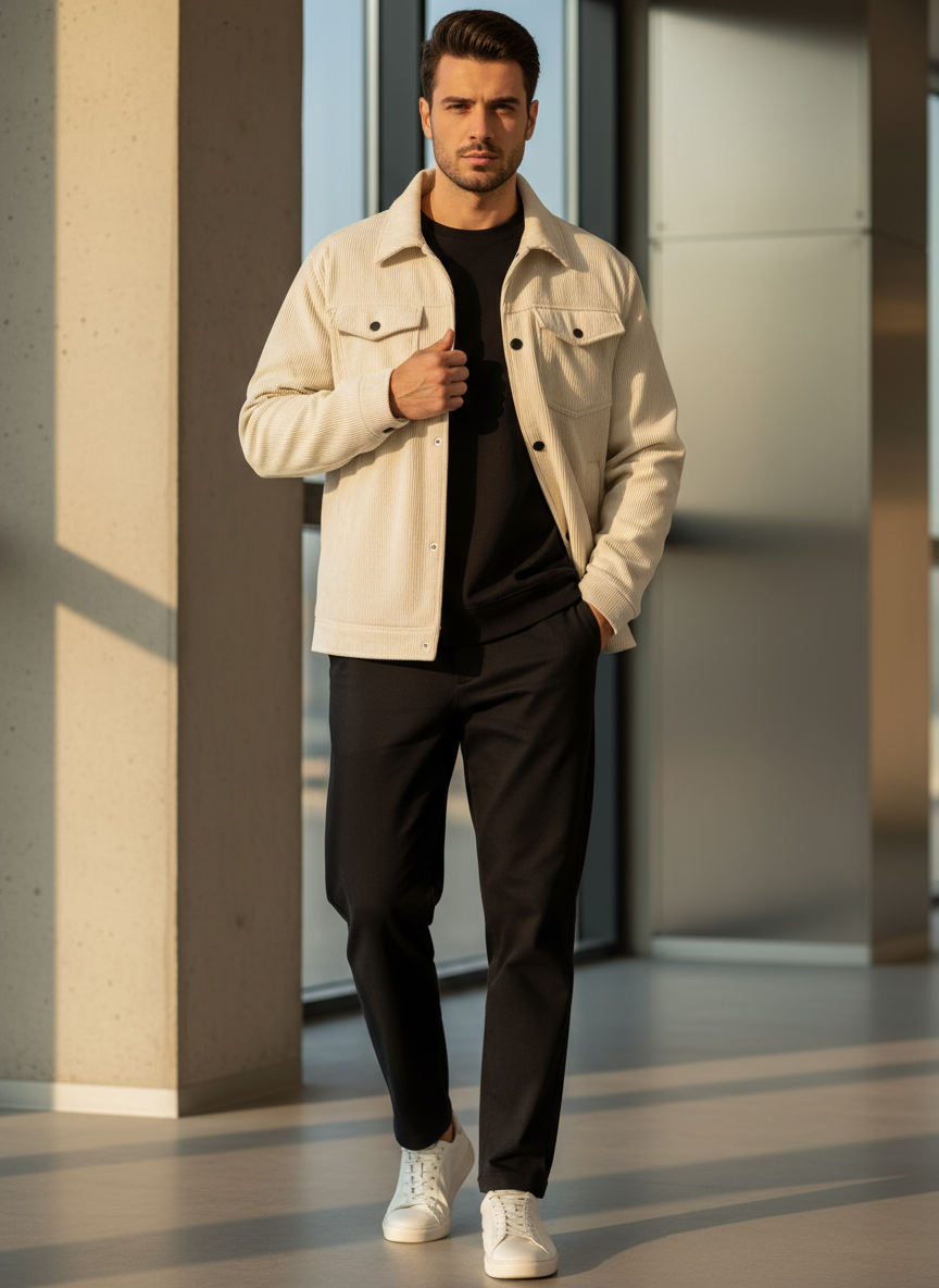 Male model wearing cream corduroy jacket