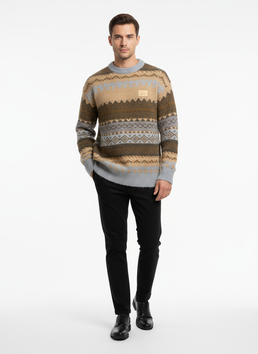 Male model wearing patterned sweater