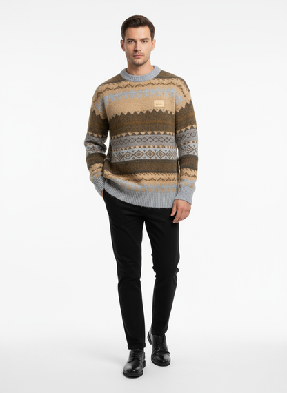 Male model wearing patterned sweater