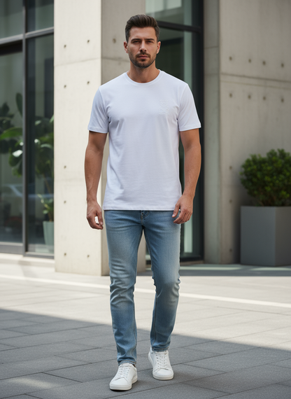 Male model wearing white embroidered t-shirt